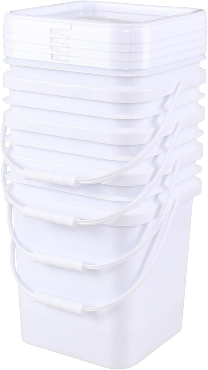 4 Gallon 4 Pack Plastic Square Utility Food Bucket with Lid and Handle, Utility Pail, White