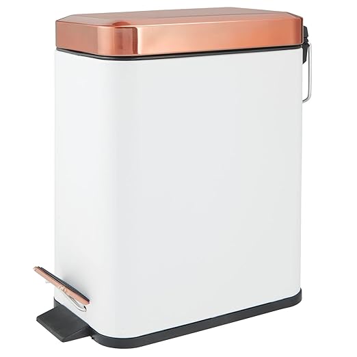 mDesign Small Modern 1.3 Gallon Rectangle Metal Lidded Step Trash Can, Compact Garbage Bin with Removable Liner Bucket and Handle for Bathroom, Kitchen, Craft Room, Office, Garage - White/Rose Gold