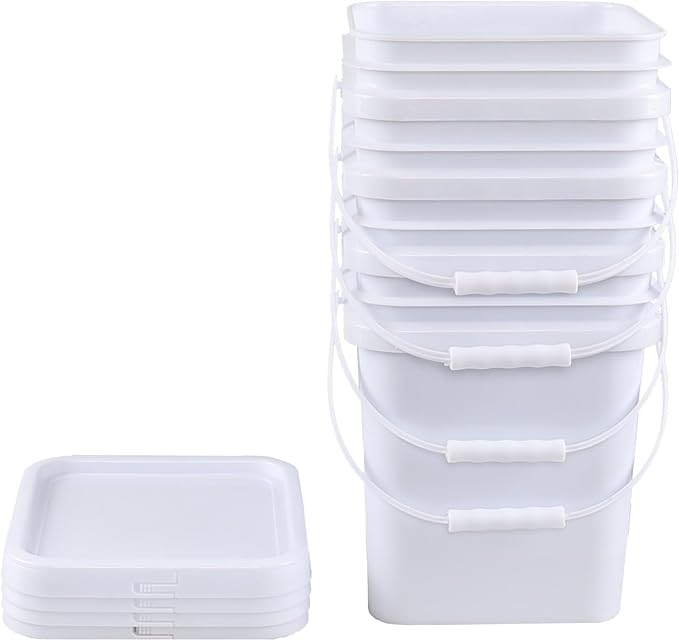 Bringer 4 Pcs 5 Gallon Square Plastic Bucket Pail with Lid, White Utility Square Food Storage Pail