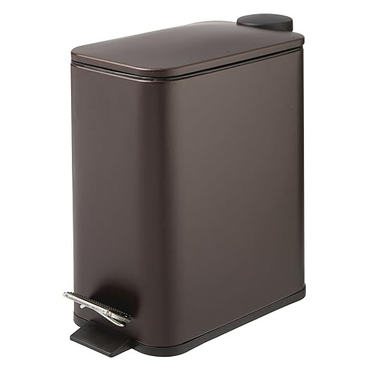 mDesign Rectangular Pedal Bin – 5 L Metal Waste Bin with Pedal, Lid and Plastic Bucket Insert – Household Rubbish Bin for Bathroom, Kitchen and Office – Bronze