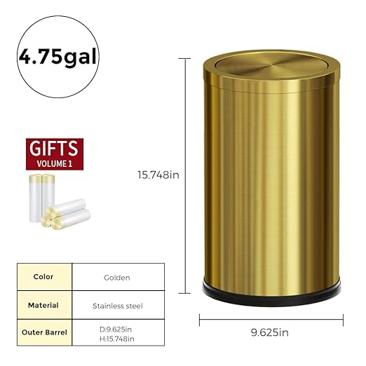 18L/4.7GAL Gold Bathroom Trash Can with Lid,Brass Garbage Can with Flipping Lid,Brushed Stainless Steel for Bedroom,Living Room,Office,Guest Room (4.7gal-Gold)