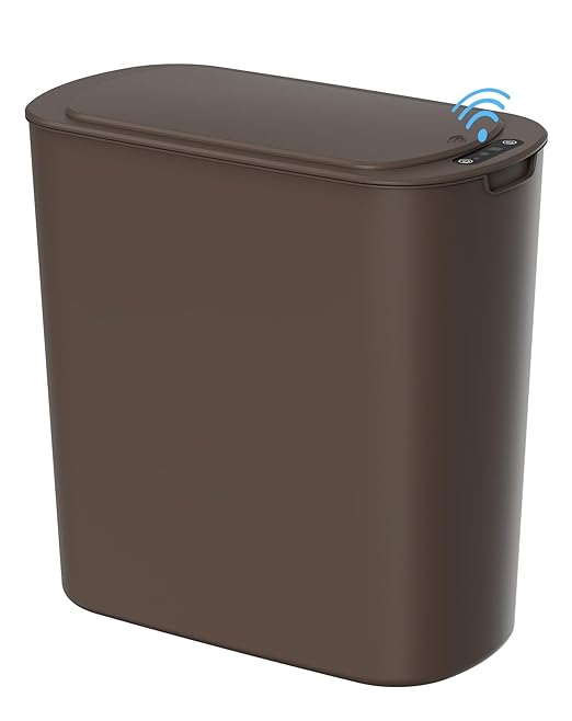 Cesun Automatic Motion Sensor Bathroom Trash Can with Lid, 2.6 Gallon Touchless Trash Bin, Smart Plastic Slim Garbage Can Small Brown Wastebasket for Toilet, Office, rv, Bedroom, Living Room