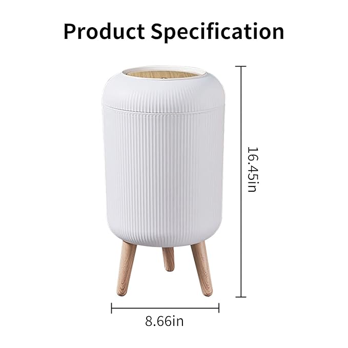 Trash Can With Lid for Bathroom, 2 Gallon/10 Liter Round Garbage Bin With Press Top, Plastic Modern Wastebasket With Soft Close, Container for Bedroom, Living Room, Office (White)