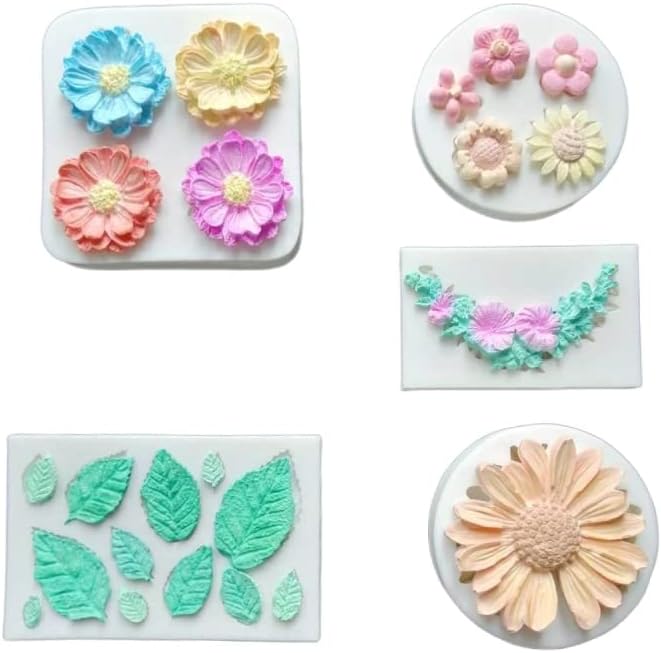 Small Lovely items Silicone Fondant Molds Set For Cake Topper, Gumpaste, Candy & Chocolate, Polymer Clay and More (Flowers & Leaves)