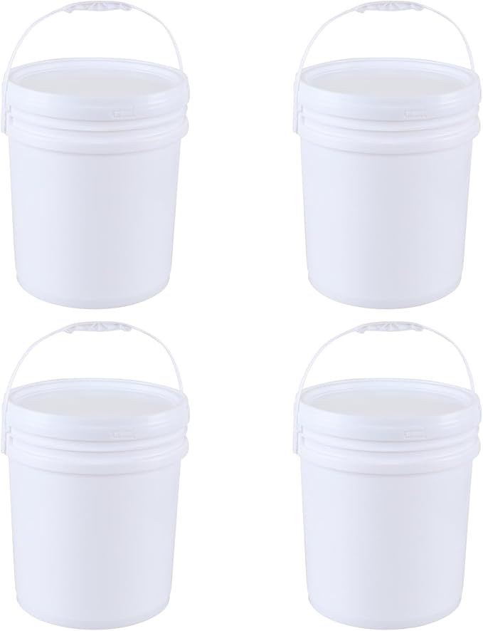 7 Gallon Round Food Grade Bucket with Handle, White Plastic Pail with Lid, 4 Packs