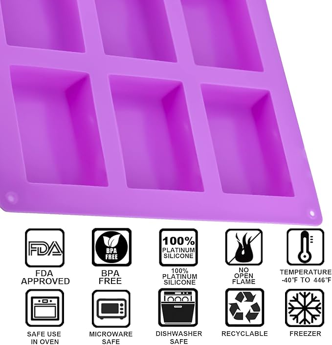 2 Pack Silicone Soap Molds, 6 Cavities Rectangle Silicone Soap Molds, Great for Homemade Craft Soap Mold, Chocolate Mold, Cake Mold & Ice Cube Tray - Just Pop Out(Purple)