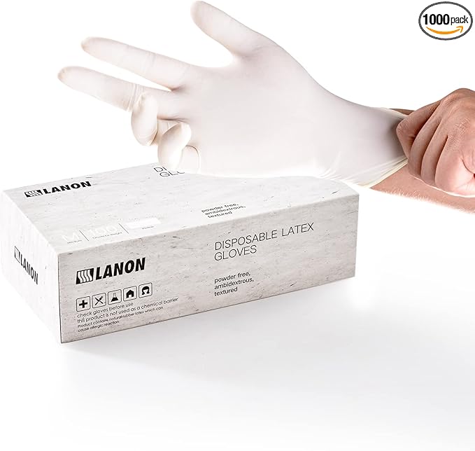 LANON 5 mil Latex Disposable Gloves, Food-Contact Grade, Powder-Free, Fully Textured, White, Small