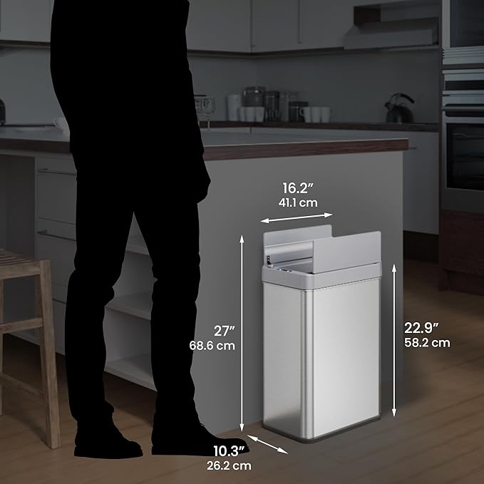 iTouchless 50 Liter / 13 Gallon Wings-Open Lid Sensor Kitchen Trash Can with Odor Filter – Dog-Proof Slim Automatic Stainless Steel Garbage Recycling Bin for Home, Office, Bedroom, Business or Garage