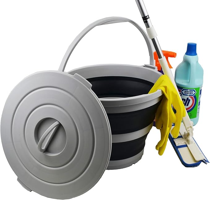 SAMMART 10L (2.64Gallon) Collapsible Fishing Bucket with Locking Lid - Portable Plastic Water Pail - Space Saving Outdoor Waterpot - Trunk Organizer for All Types of Vehicles (Grey/Slate Grey)