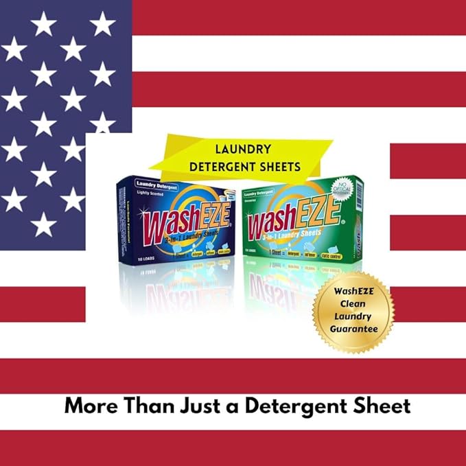 WashEZE (10 Ct) All in One Laundry Sheets Scented - Detergent-Fabric Softener-Stain Fighter - Static Guard Soap Sheet -All in One Detergent Sheet- Travel and Dorm Friendly