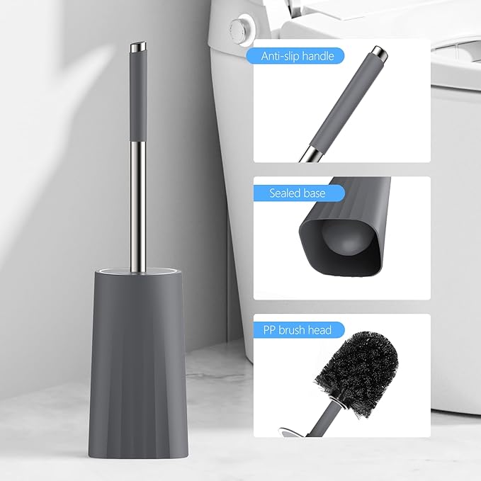 SetSail Toilet Brush, Compact Size Toilet Bowl Brush and Holder Toilet Brushes for Bathroom with Stainless Steel Handle Toilet Cleaner Brush with Durable Scrubbing Bristles, 3 Packs,Gery