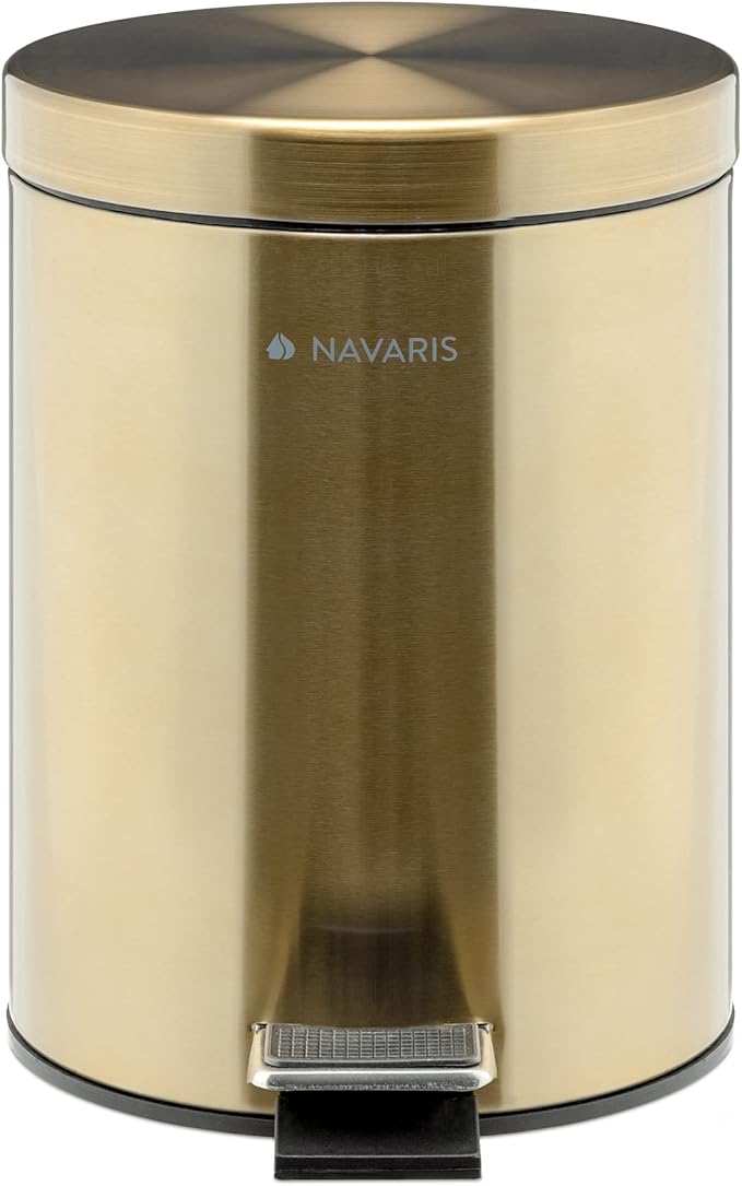 Navaris Small Gold Trash Can - 1.3 Gallon (5 Liter) Trash Can with Step Pedal, Lid and Removable Inner Bucket for Bathroom Kitchen Office or Bedroom