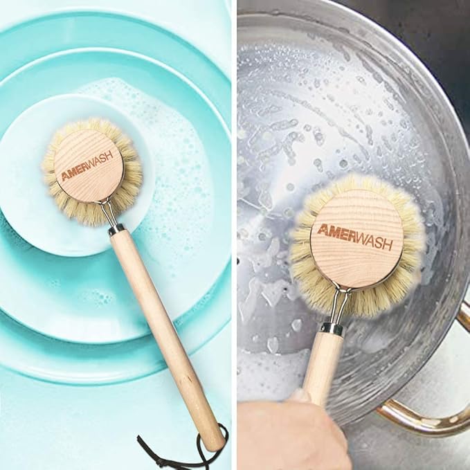 Dish Brush with Wooden Handle, Natural Kitchen Brush for Dishes Vegetable, Pots and Pans, Tampico Fiber Bristles Scrubber, Extra 3 Pack Replacement Head Included