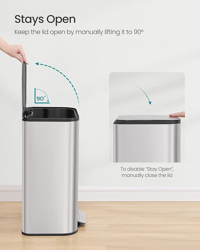 SONGMICS Kitchen Trash Can, 13-Gallon (50 L) Garbage Can with Lid, Stainless Steel, Soft Close and Stays Open, Inner Bucket, Wide Non-Slip Pedal, Metallic Silver ULTB547E01