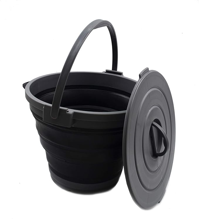 SAMMART 10L(2.64Gallon) Collapsible Fishing Bucket with Locking Lid - Foldable Round Tub - Portable Plastic Water Pail - Space Saving Outdoor Waterpot (Grey/Black)