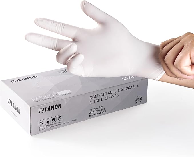LANON Food Safe White Disposable Nitrile Gloves, Latex-Free, Powder-Free, Textured Fingertips, Cooking, Cleaning, Case, XL