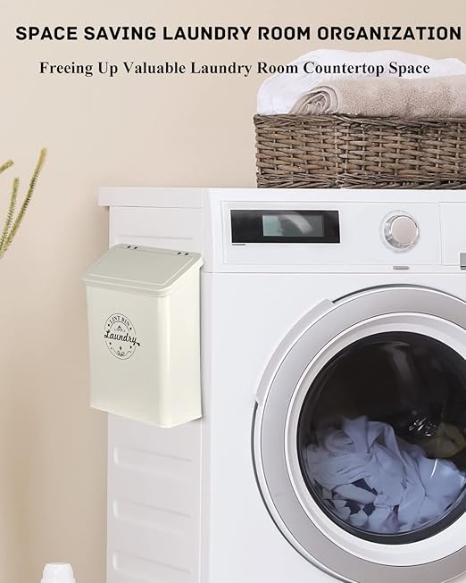 Magnetic Lint Bin for Laundry Room Organization and Storage with Brush, Wall-Mounted Laundry Dryer Lint Bin for Laundry Room Decor, Space-Saving Laundry Trash Can (Cream)