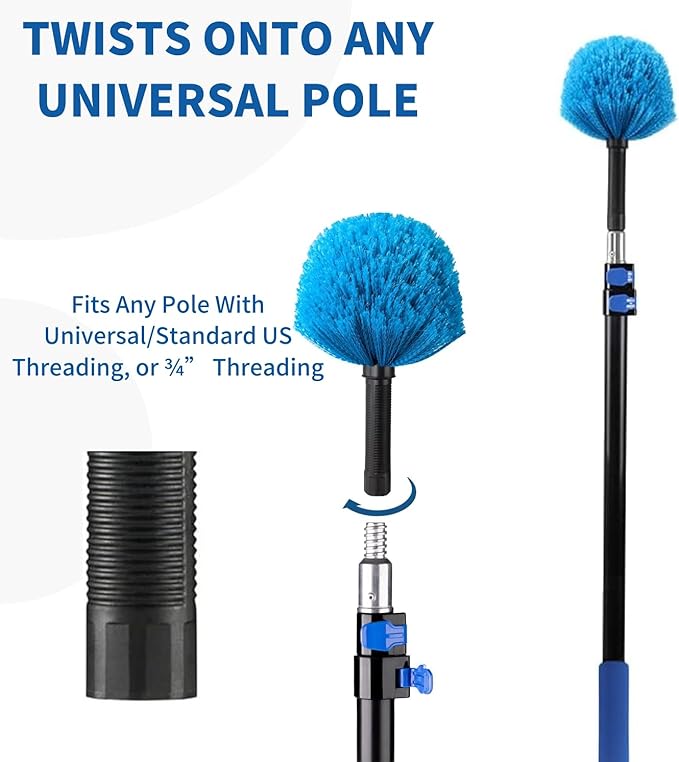 3 Pack Screw on Webster Cobweb Duster Head for Pole,Spider Web Remover Brush, Cobweb Duster Head Attachment,Fits Standard 3/4 inch Threaded Poles (3, Blue)