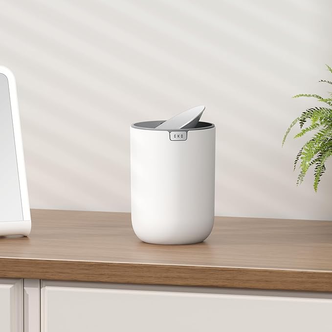 EKO Fandy 0.58 Gal/2.2L Mini Trash Can with Lid, Swing-Top Desktop Trash Can for Bathroom, Countertop, Vanity, Desk or Office, Small Garbage Bin (White)