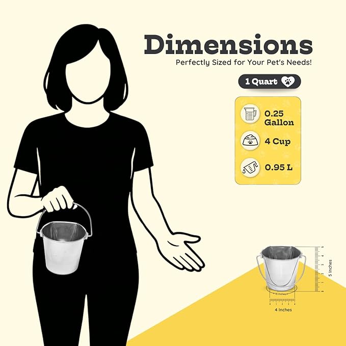 1 Quart Stainless Steel Flat Side Bucket | Durable Heavy Duty Food & Water Feeding Pails for Small Pet Dog Birds Cat | Fits kennels Cages Critter Crates Hanging Pail | Multipurpose Bucket