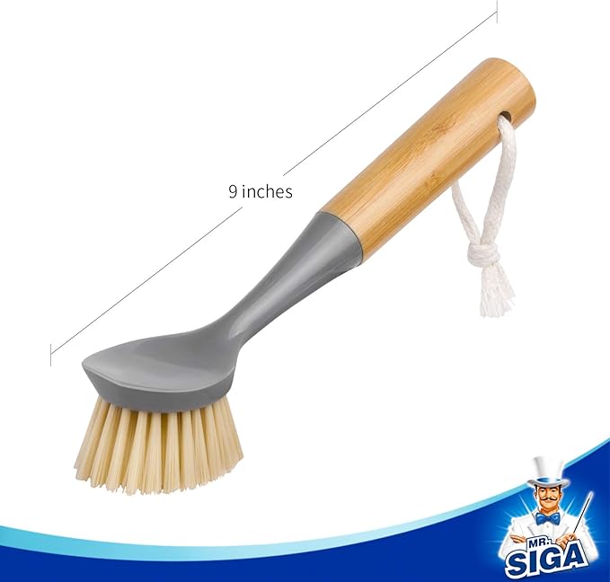 MR.SIGA Dish Brush with Bamboo Handle Built-in Scraper, Scrub Brush for Pans, Pots, Kitchen Sink Cleaning, Pack of 2