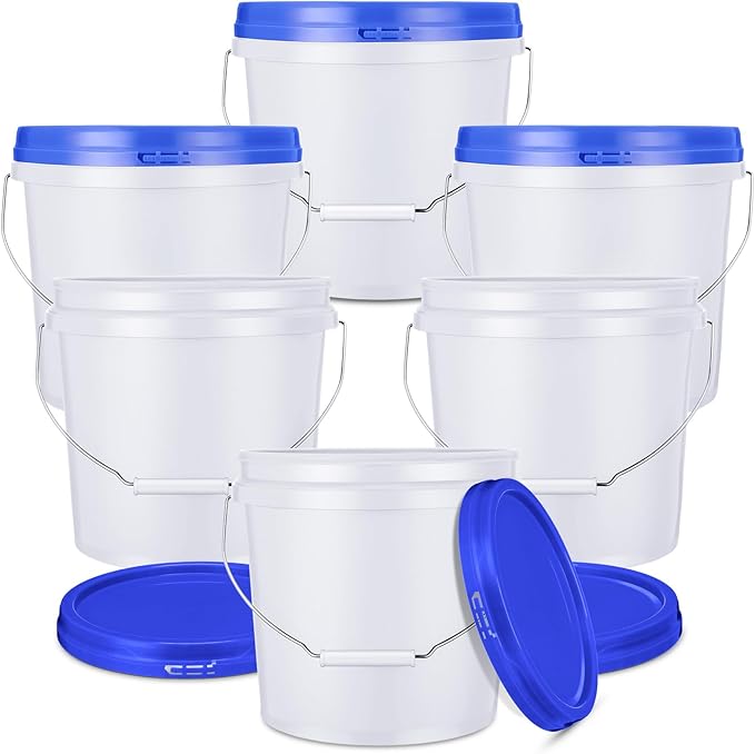 6 Pack 2 Gallon Plastic Bucket with Lid Heavy Duty Pail with Metal Handle Reusable Small Multipurpose Paint Buckets Container for Food Storage(White)