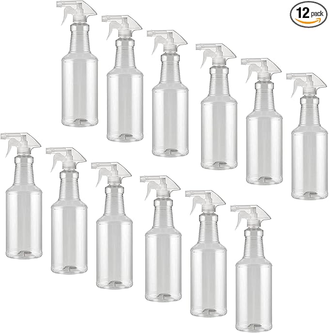 Spray Bottle - (Large - 32 Oz) - All-Purpose, Empty Reuseable, Heavy Duty, Clear PET Plastic, Trigger Sprayer, Industrial Size, Chemical Resistant, MADE IN USA (12-Pack, Clear) (32.2tn.P)