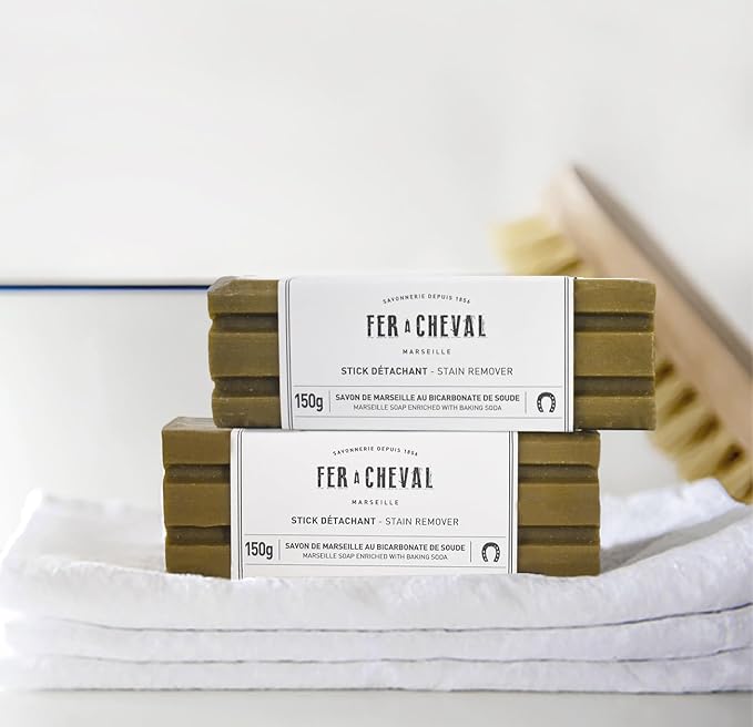 Fer à Cheval Marseille Soap Stain Remover Stick 2 Pack - Natural, Hypoallergenic, Travel-Sized Laundry Solution, 150g/5.29oz (Stick with Baking Soda)