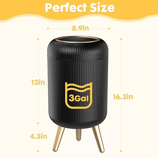Bathroom Trash Can Automatic Touchless,3 Gallon Smart Motion Sensor Trash Bin with Lid,Plastic Black Garbage Can Wastebaskets with Removable Legs for Kitchen, Office, Toilet, Bedroom