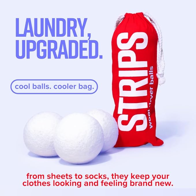STRIPS Wool Dryer Balls – XL 3-Pack Premium Natural Fabric Softener – Reduces Clothing Wrinkles and Saves Drying Time, Reusable Wool Balls for Dryer – Eco-Friendly Alternative to Dryer Sheets