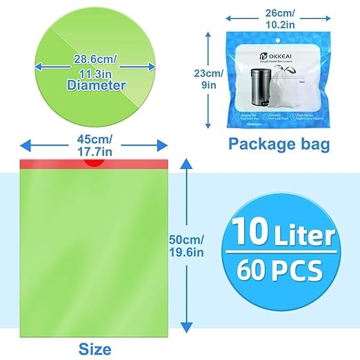 OKKEAI 2.6 Gallon Bathroom Drawstring Trash Bags, 60 Count Small Green Garbage Bags, Heavy Duty Tear-Resistant & Leak-Proof Wastebasket Liners for Kitchen, Bathroom, Office