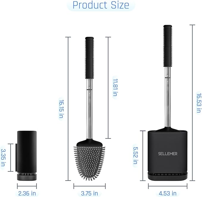Sellemer Toilet Brush and Holder Set - Flexible Toilet Bowl Brush Head with Silicone Bristles, Compact Size for Storage and Organization, Ventilation Slots Base (4 Pack, Black)