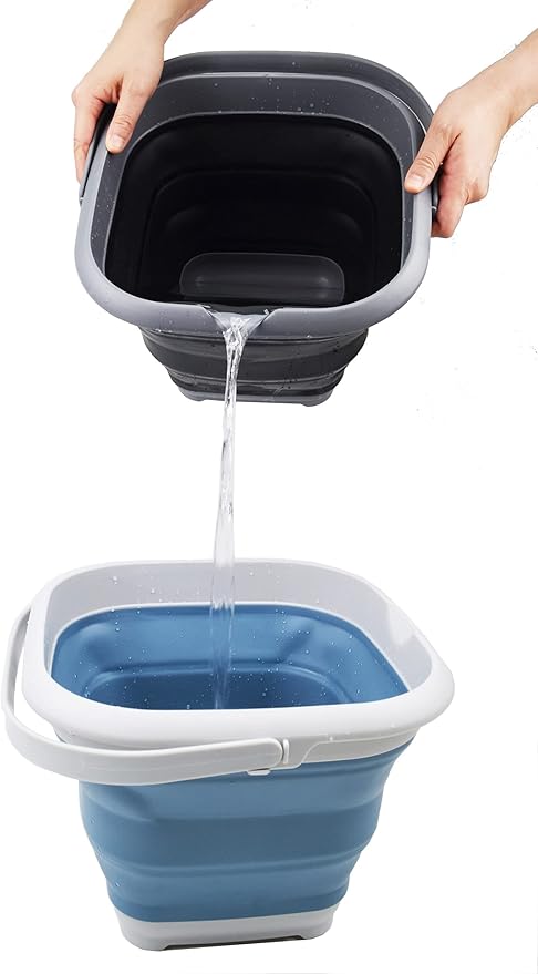 SAMMART 8.5L (2.2 Gallon) Collapsible Square Handy Bucket with Lid/Foldable Square Water Pail with Lid/Portable Tub with Handle and Lid (Grey/Steel Blue (Set of 2))
