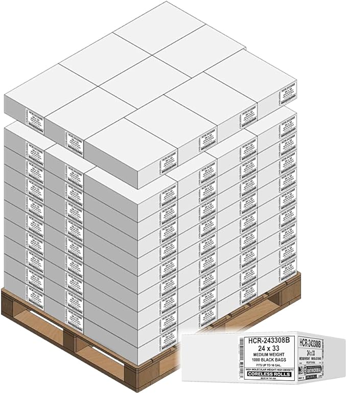 Aluf Plastics 12-16 Gallon Black Trash Bags (1000 Count) - 24" x 33" - 8 Micron Equivalent High Density Value Garbage Bags for Bathroom,Recycling(1 Pallet of 100 Cases, 100000 Bags Total)