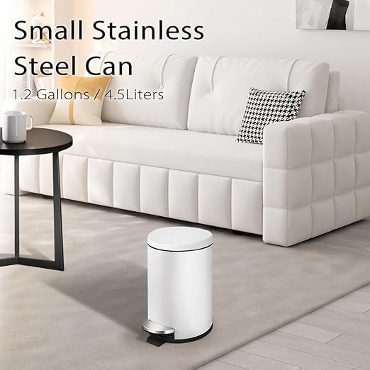 TIPGO Small Trash Can with Lid Soft Close, 4.5 Liters / 1.2 Gallon Bathroom Garbage Can, Mini Step Trash Bin, Stainless Steel Wastebasket for Bathroom, Bedroom, Office (White)