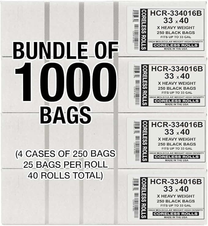 Aluf Plastics High Density Trash Bags, 33 Gallon, 1000 Count, 16 Micron (eq), 33" x 40", Black, for Bathroom, Office, Industrial, Commercial, Janitorial, Municipal, Recycling