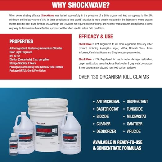 Fiberlock Shockwave Disinfectant Cleaner Concentrate, 1 Gallon, Ideal for Water Restoration & Flood Mitigation, Hospital-Grade Disinfectant, High-Yield Formula
