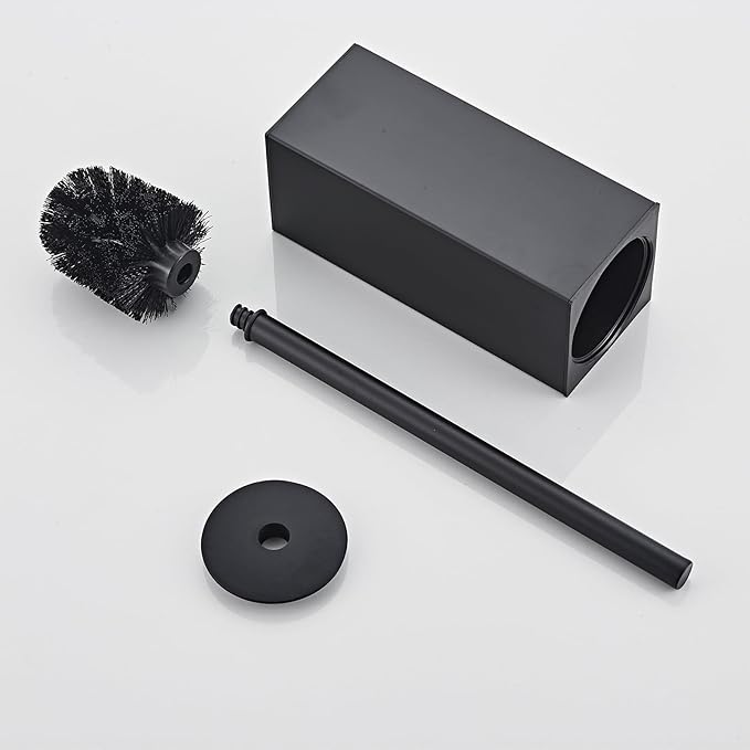 Toilet Brush and Holder Set, NEWRAIN Stainless Steel Toilet Brush with Long Brush Handle, Matte Black Toilet Scrubber and Covered Holder, Square Design Sturdy and Space Saving