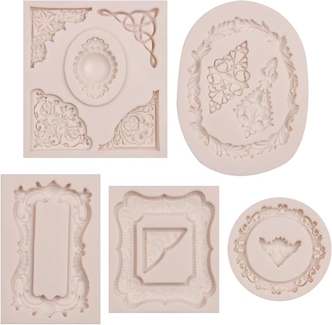 Mini Picture Fondant Silicone Molds Baroque Vintage Photo Frame Silicone Molds for Chocolate Resin Clay Cake Decorating, Set of 5