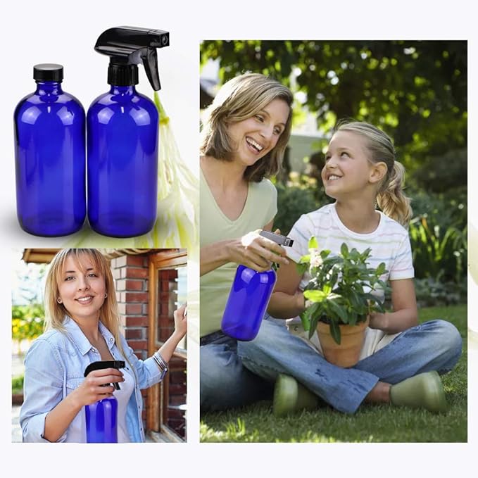 Glass Spray Bottle Kit×10 (2×16 oz, 2×4 oz, 6×2 oz), 9×10 ml Roller Bottles, Anti UV, Multi Size and Versatile, Suitable for Aromatherapy, Facial Moisturizing, Watering, etc.(Blue