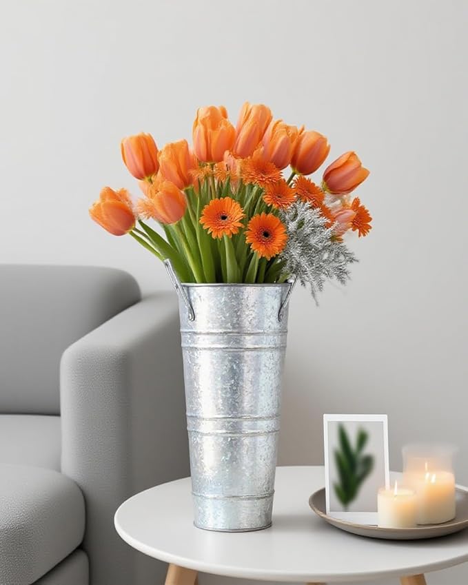 10 Inch Galvanized Flower Buckets - 8 PCS Galvanized Metal Vases for Flowers Tin Flower Holders for Home Decor Wedding Centerpieces Indoor Outdoor Use