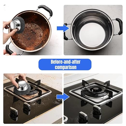 Steel Wool Scrubber with Handle: 7Pcs Stainless Steel Scrubber Brush Set – 2 Brushes, 4 Replaceable Pads, 1 Screwdriver for Home Cooks,BBQ Enthusiasts Anti-Scratch, for Grill, Pot, Stove, DIY Use