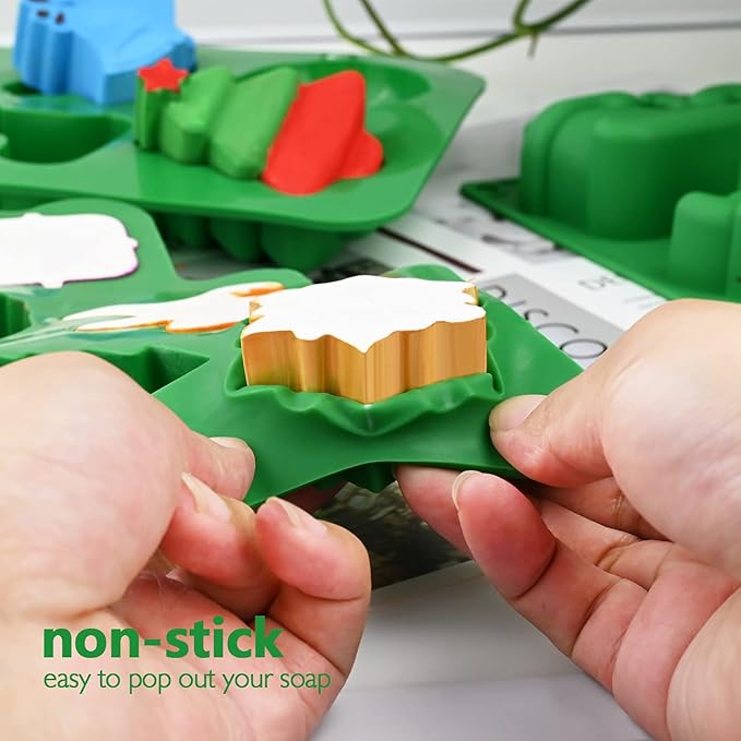 HUAKENER 3 Pack Christmas Soap Molds, Large Size Xmas Silicone Mold for Handmade Soap, Mini Cakes, Chocolate, Candy, Jello