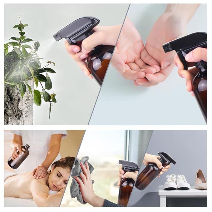 Wedama Amber Glass Spray Bottles, 2 Pack 16 oz Glass Spray Bottles for Cleaning Solutions and Essential Oils, Refillable Empty Spray Bottle with Adjustable Nozzles for Alcohol, Plant and Hair Care