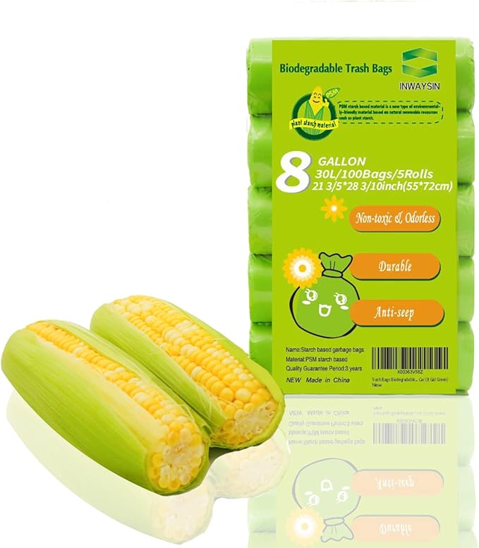 Inwaysin Medium Compostable Trash Bags - 8 Gallon, 30L (Clear Green, 20 Count Pack of 5) - Budget-Friendly Replacement for Simple Human H/J/G Trash Bags