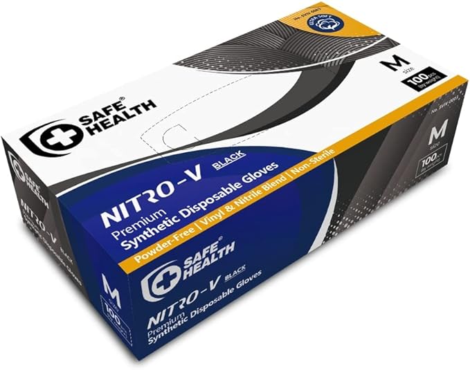 Safe Health NITRO-V Nitile-Vinyl Synthetic Dispoable Gloves, Free of Latex & Powder, Wisteria, Black, Housework, Tattoo