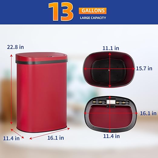 Kitchen Trash Can Bathroom Bedroom Office Garbage Can with Lid Automatic Touch Free Waste Bin Stainless Steel 13 Gallon / 50L,Red