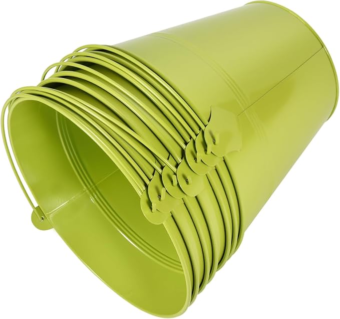 OBTANIM 7 Pack Green Metal Buckets with Handle Galvanized Ice Pails for Plants, Succulents, Party Favors Organizing, Rustic Home Decor or Classrooms Pencil Storage (9.1 x 6.7 inch)
