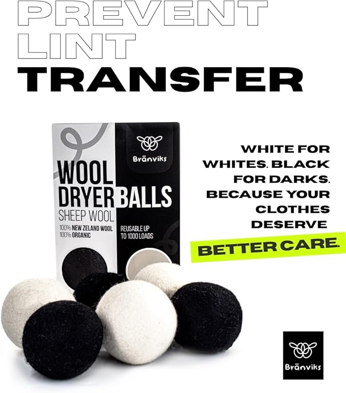 Wool Dryer Balls – 6 XL Balls (White & Black Set) – Premium Natural Fabric Softener – 100% New Zealand Wool – Reusable, Eco-Friendly, Reduces Wrinkles & Static