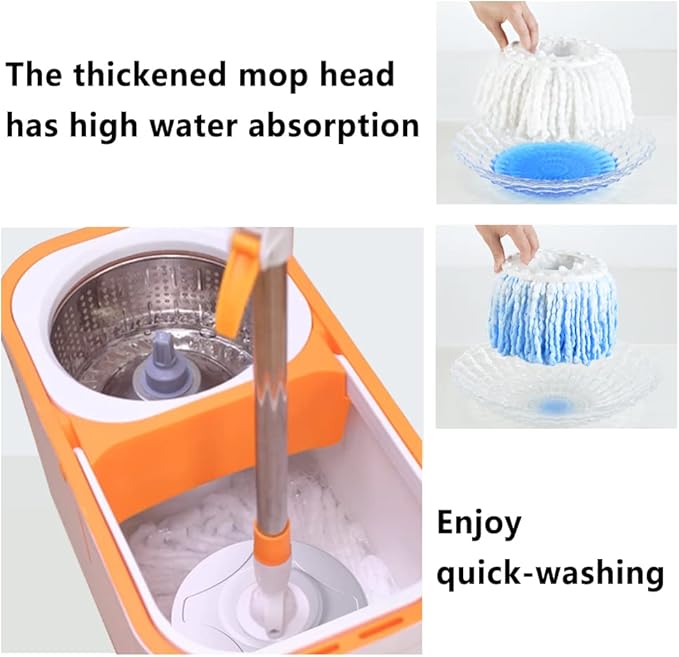Floor Spin Mop and Bucket Set with Wringer System Extended Stainless Steel Handle 61"for Home Floor Cleaning Use with 5 Replacement Head Refill and 1 Cleaning Brush Head